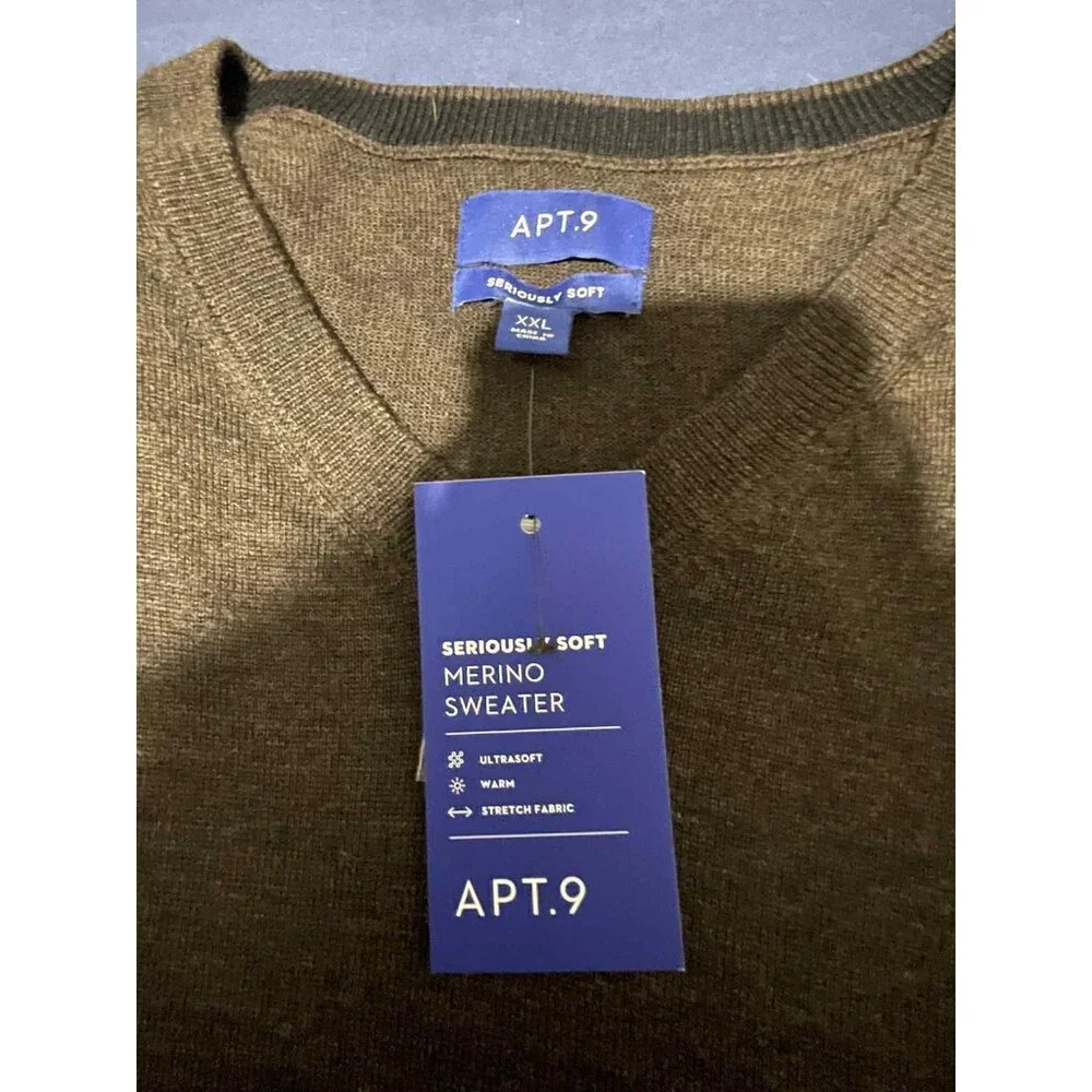 APT 9‎ Sweater Mens 2XL Brown Merino Wool Blend Seriously Soft Vneck Pullover